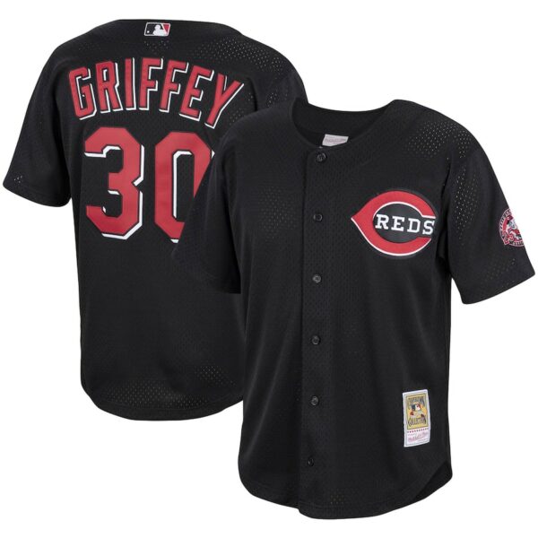 Ken Griffey Jr. Cincinnati Reds Mitchell & Ness Cooperstown Collection Mesh Batting Practice Button-Up Jersey - Black