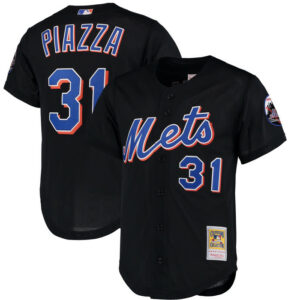 Men's New York Mets Mike Piazza Mitchell & Ness Black Cooperstown Collection Mesh Batting Practice Button-Up Jersey