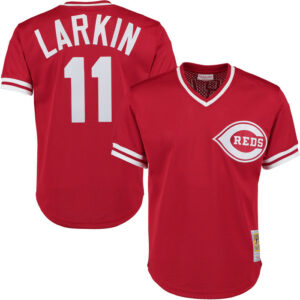 Men's Cincinnati Reds Barry Larkin Mitchell & Ness Red Cooperstown Collection Mesh Batting Practice Button-Up Jersey