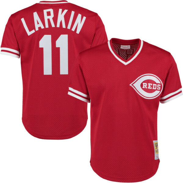 Men's Cincinnati Reds Barry Larkin Mitchell & Ness Red Cooperstown Collection Mesh Batting Practice Button-Up Jersey