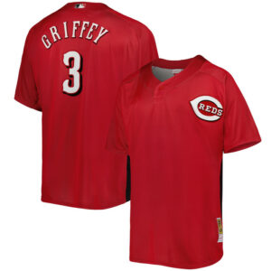 Men's Cincinnati Reds Ken Griffey Jr. Mitchell & Ness Red Cooperstown Collection Mesh Batting Practice Button-Up Jersey
