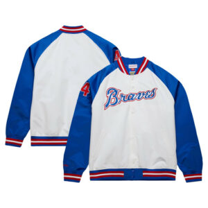 Men's Atlanta Braves Hank Aaron Mitchell & Ness White/Royal Cooperstown Collection Legends Lightweight Satin Raglan Full-Snap Jacket