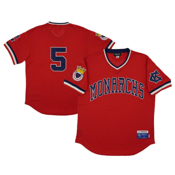 Men's Kansas City Monarchs #5 Rings & Crwns Red Mesh Replica V-Neck Jersey