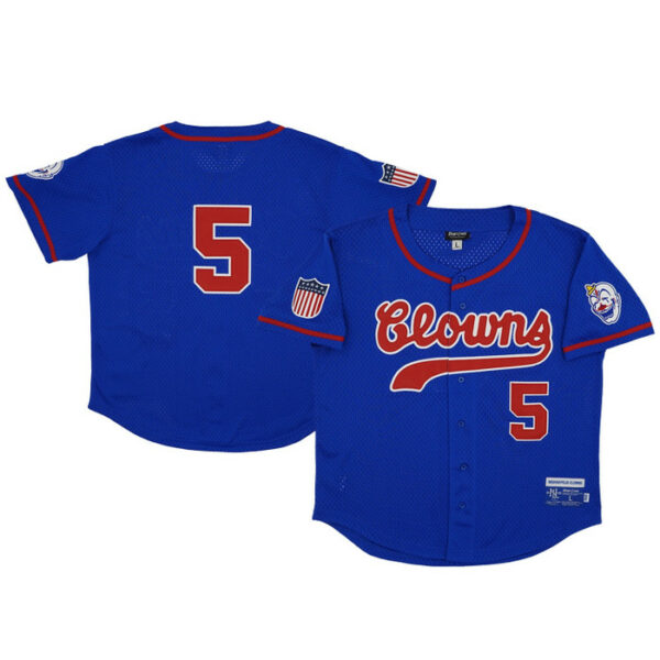 Men's Indianapolis Clowns #5 Rings & Crwns Royal Mesh Button-Down Replica Jersey