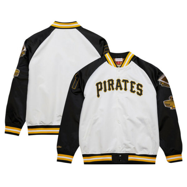Men's Pittsburgh Pirates Roberto Clemente Mitchell & Ness White/Black Cooperstown Collection Legends Lightweight Satin Raglan Full-Snap Jacket