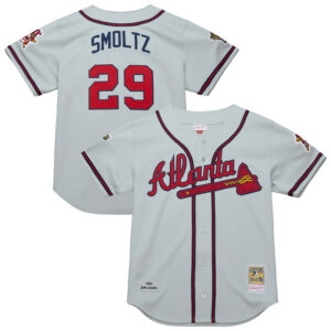 Men's Atlanta Braves John Smoltz Mitchell & Ness Gray 1995 Throwback Jersey