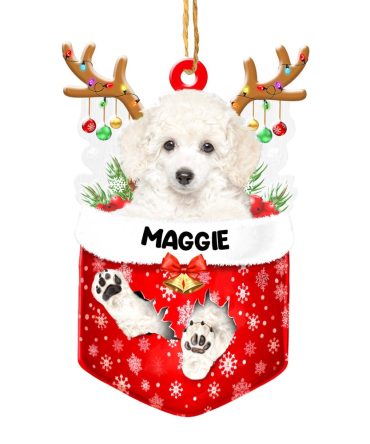 Christmas Dog Ornament, Personalized White Poodle In Snow Pocket Christmas Acrylic Ornament, New Dog Christmas Ornament