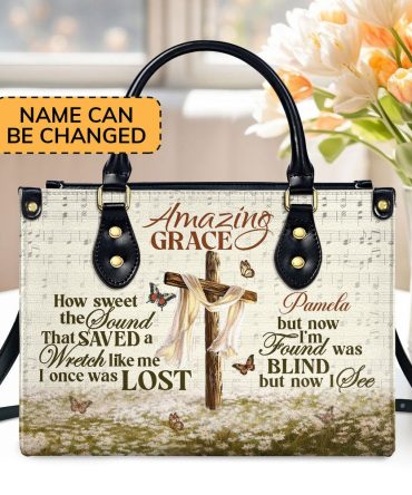 Personalized Christian Leather Bag, Amazing Grace I'm Found Was Blind But Now I See Leather Handbag, Faith Handbag