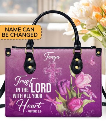 Personalized Christian Leather Bag, Trust In The Lord With All Your Heart Proverbs 35 Tulip And Cross Leather Handbag, Faith Handbag
