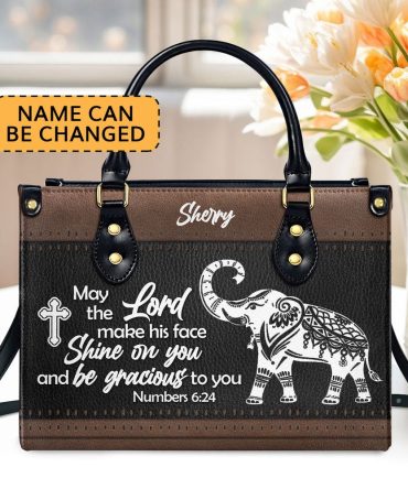 Personalized Christian Leather Bag, Unique Personalized Elephant Leather Handbag - May The Lord Make His Face Shine On Yo, Faith Handbag