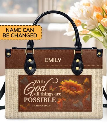Personalized Christian Leather Bag, With God All Things Are Possible Leather Handbag, Faith Handbag