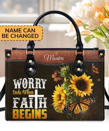 Personalized Christian Leather Bag, Worry Ends When Faith Begins - Lovely Personalized Butterfly Leather Handbag, Faith Handbag