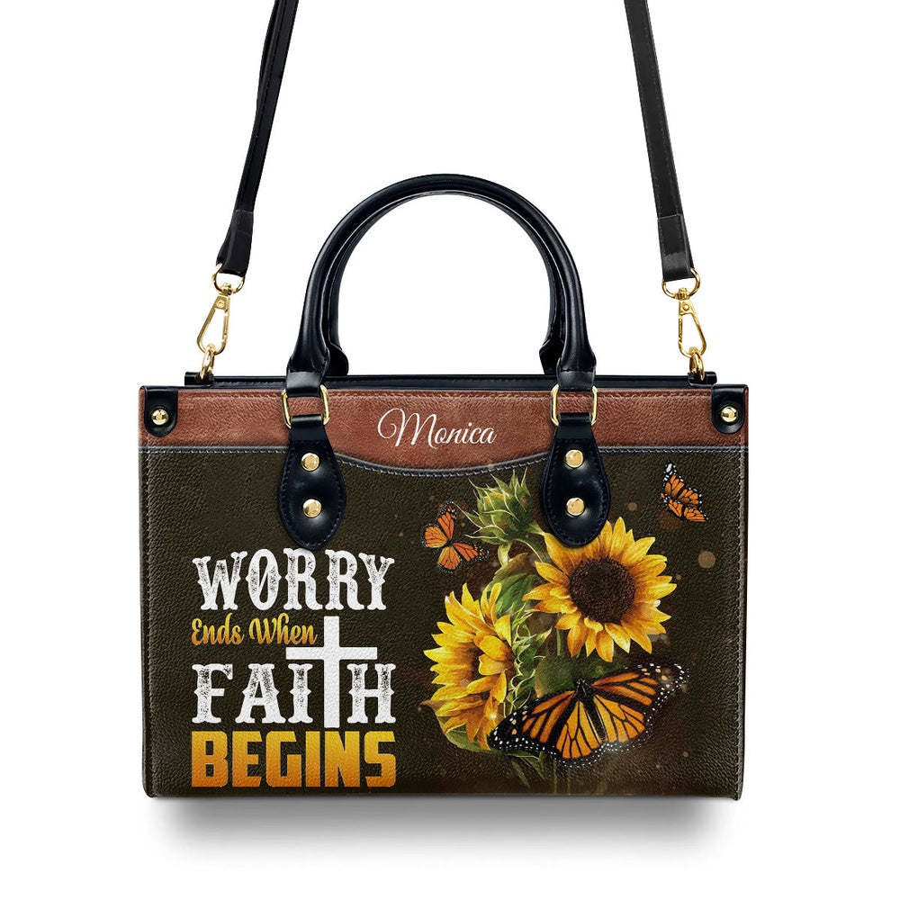 Personalized Christian Leather Bag, Worry Ends When Faith Begins - Lovely Personalized Butterfly Leather Handbag, Faith Handbag - Image 3