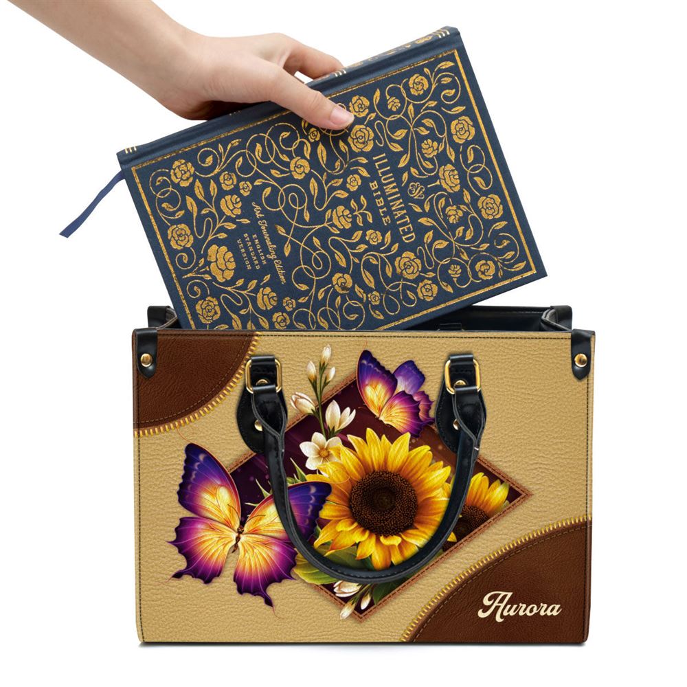 Personalized Sunflower And Butterfly Leather Handbag, Gifts For Women Of God - Image 3