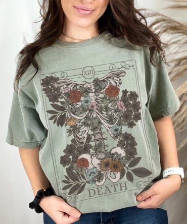 Death Tarot Card Oversized Comfort Colors Tshirt, Witchy Skeleton Tarot Garment-Dyed Shirt, Botanical Gothic Tee, Grunge Goblincore Clothing